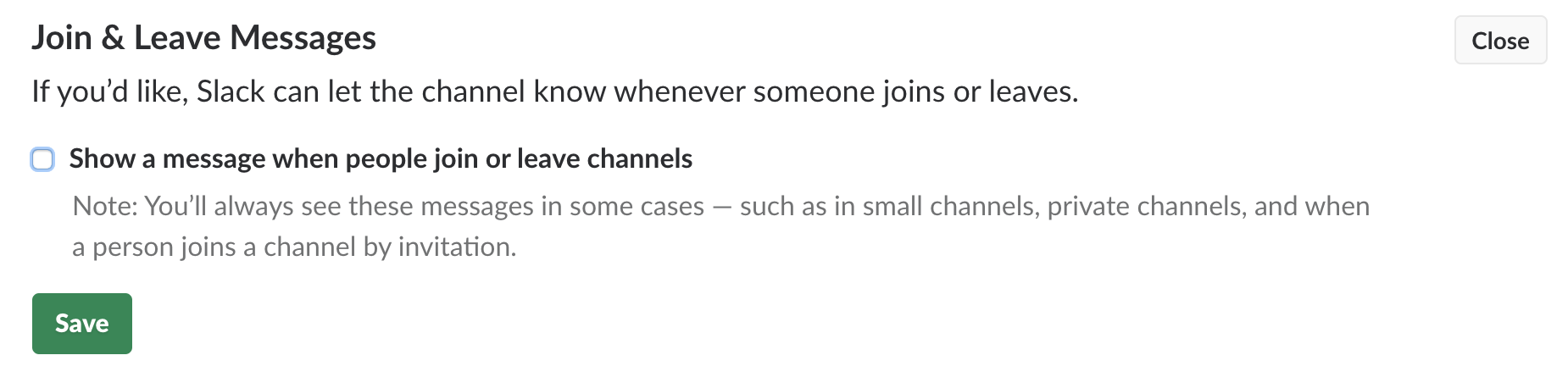 Join & Leave Messages Slack menu