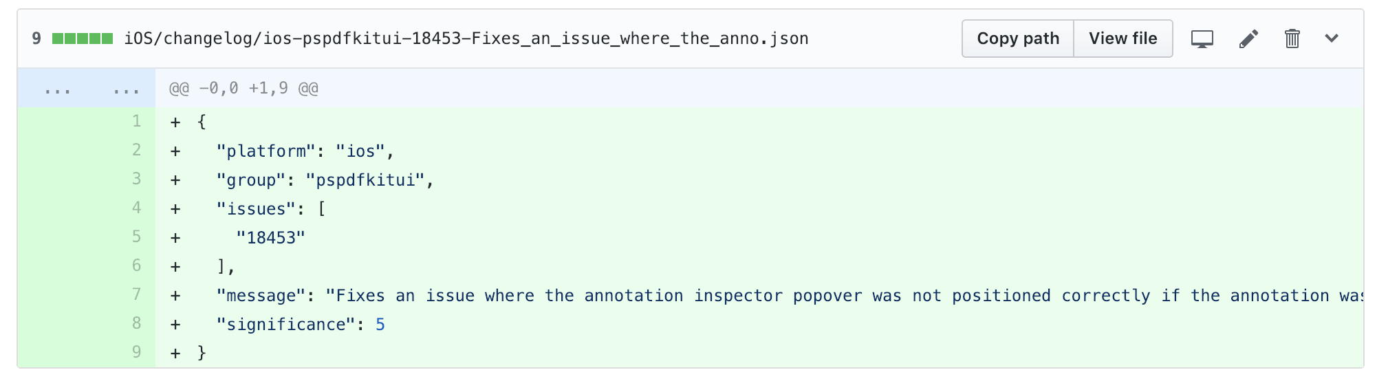 Changelog code snippet