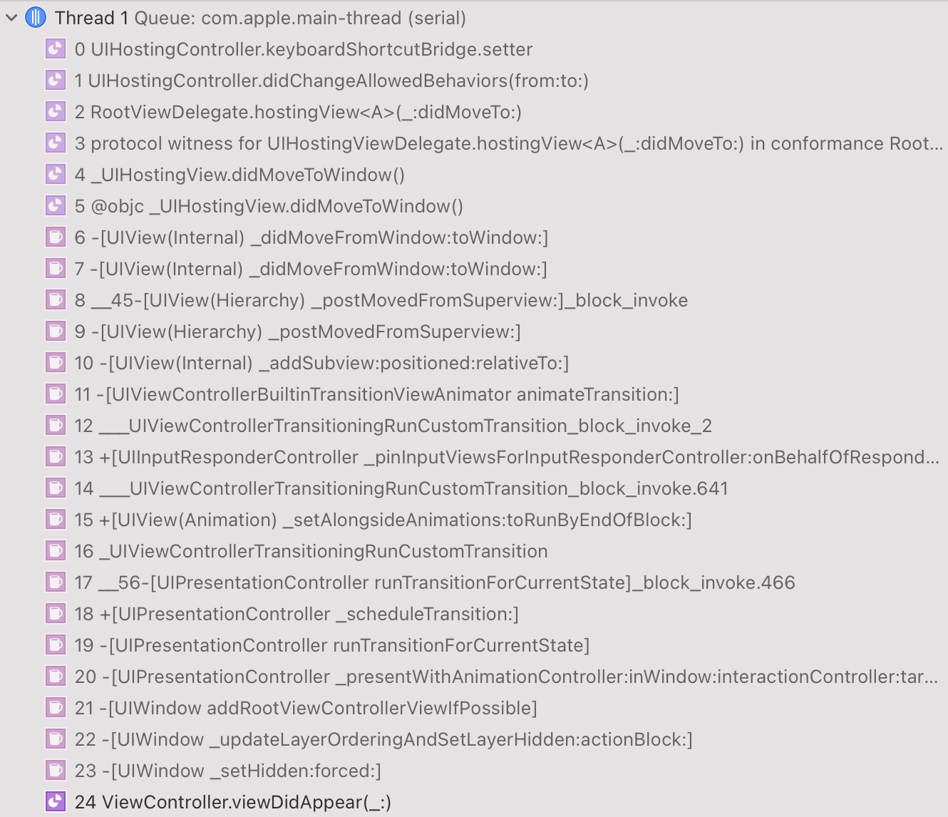 Xcode backtrace for keyboardShortcutBridge